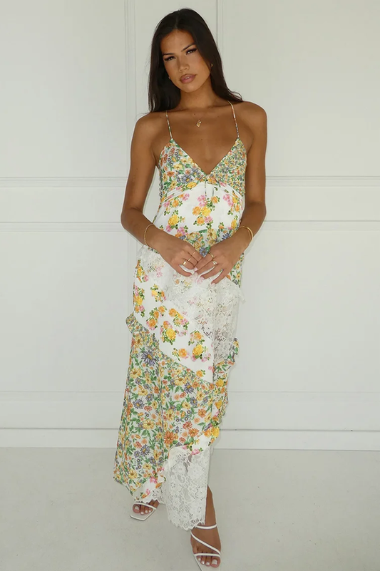 Stacey | Bloemenprint Slipjurk met Kant en Open Rug